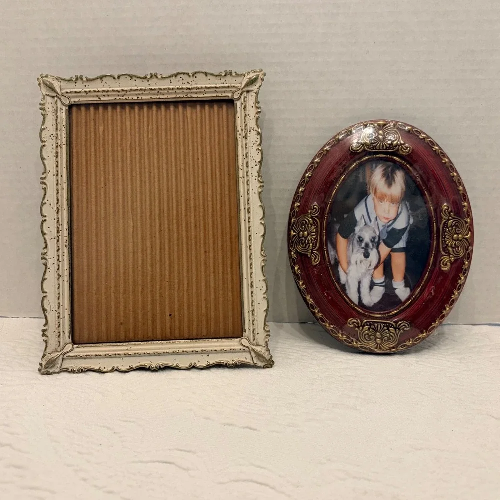Vintage Hermitage Pottery Oval Burgundy Frame & Ornate Cream Gold Frame Set 2pc